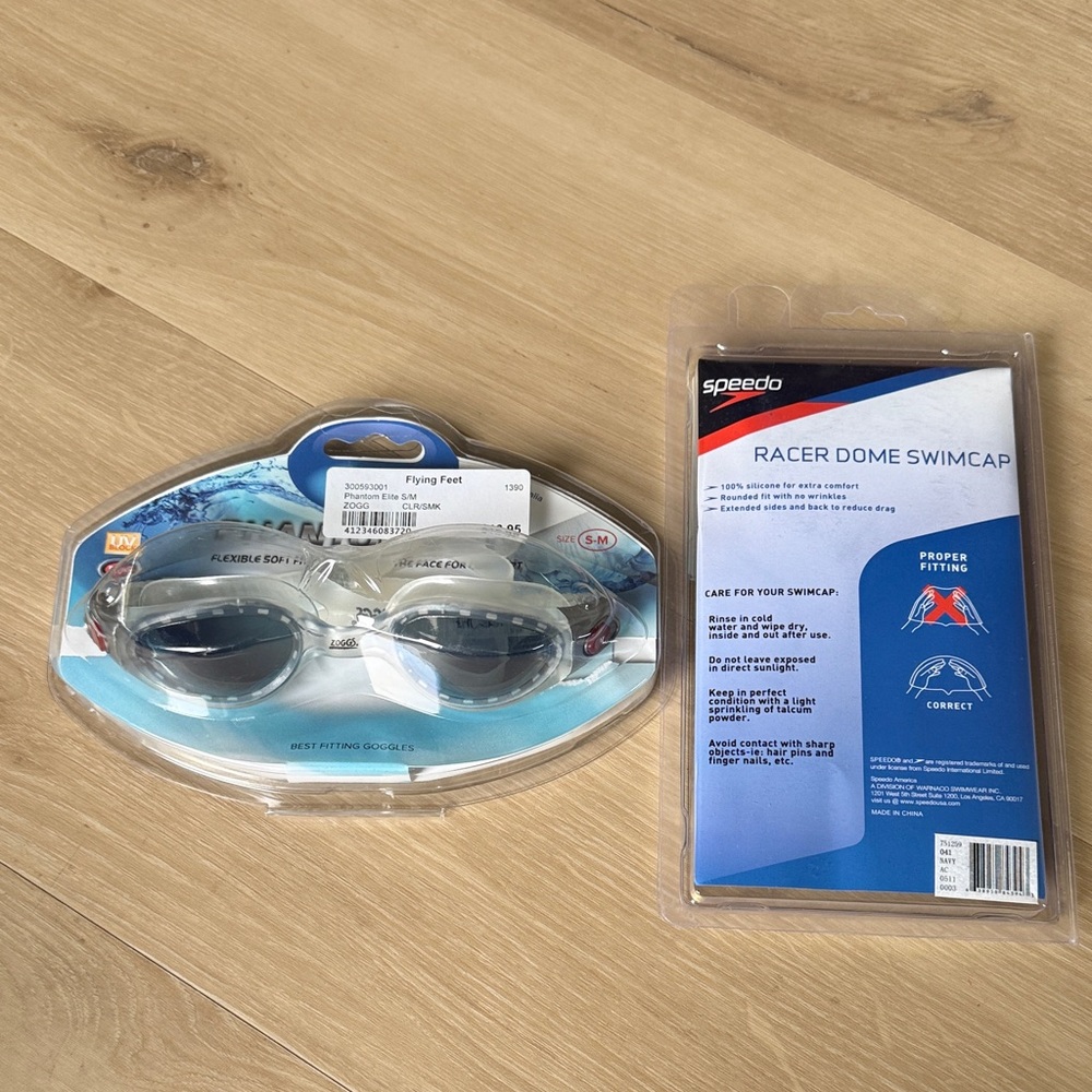 Swimcap and Google Bundle. NEW Speedo Swimcap Zoggs Goggles.